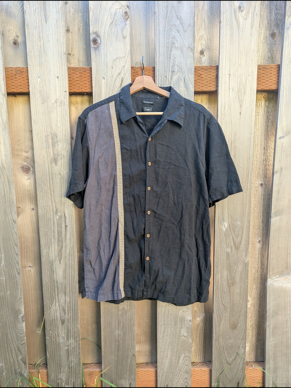 Haggar Short-Sleeve Button Down Linen Shirt with Tan Stripe